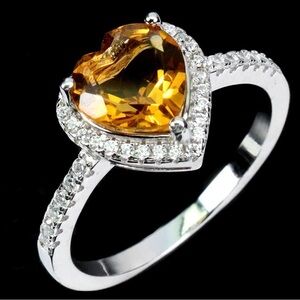 Natural Citrine 8mm Heart Cut w/ Zircon Halo in 925 Sterling Silver Ring Size 7